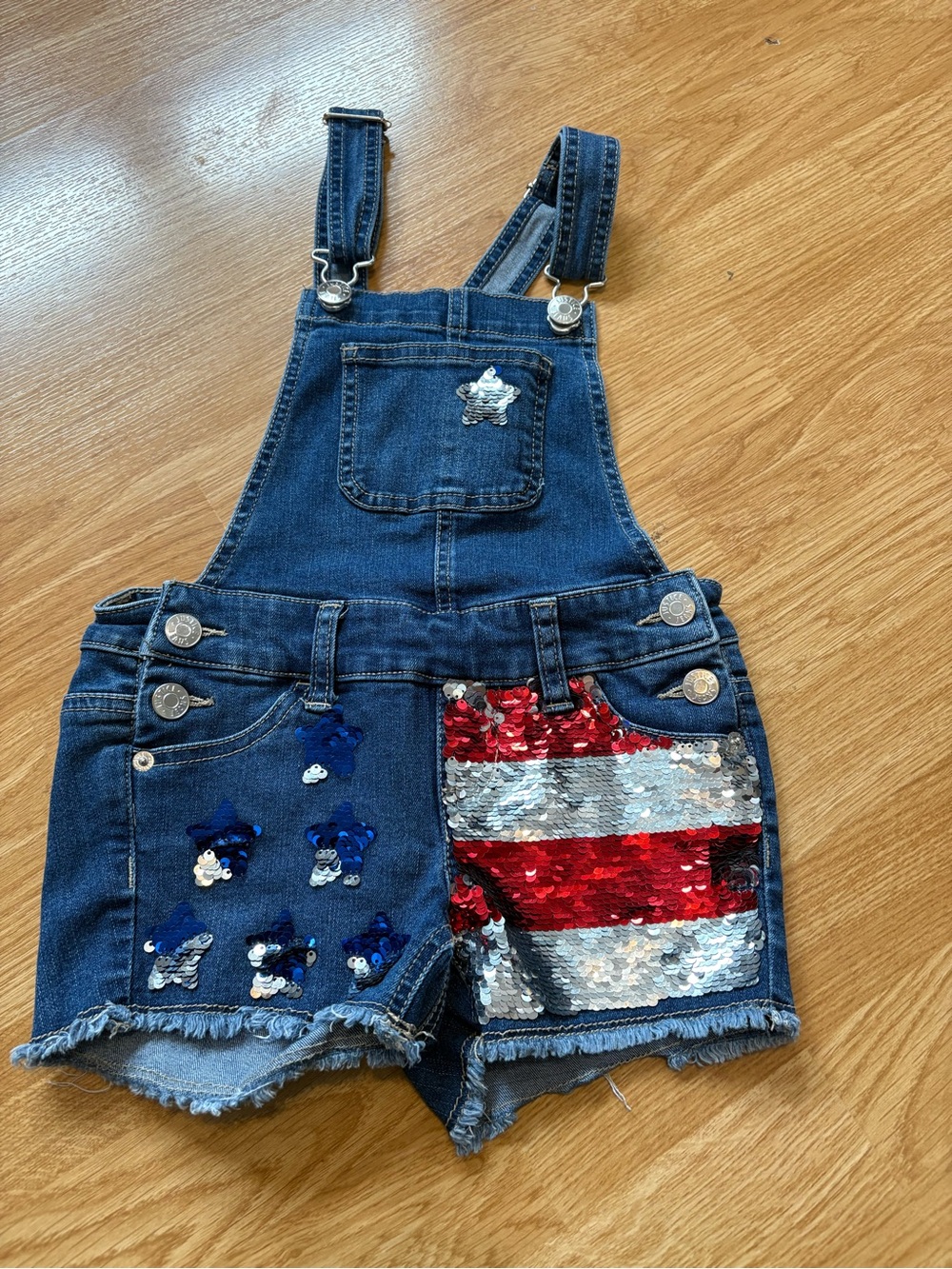 Justice size 6, Denim Sequin Short Overalls - Blue with Red, Silver Accents